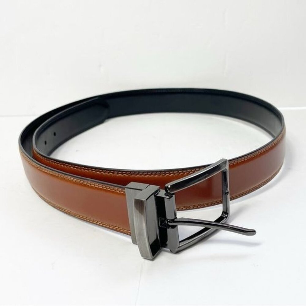 Men's Reversible Brown and Black Leather Dress Belt with Polished Buckle